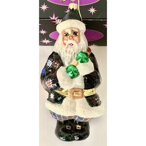 Christopher Radko Christmas Glass Ornament Santa w/ Black Coat Patches Vintage